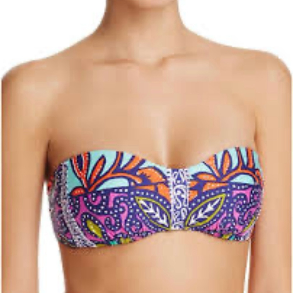Trina Turk Bandeau Swim Top Retro Print Tie Back Molded Cup Floral Large
